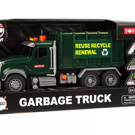 Šiukšliavežės konteineriai, tamsiai žali, su garsais ir šviesomis