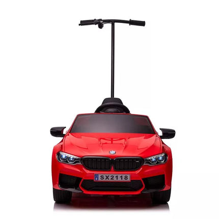 Automobiliukas su baterijomis BMW M5 su platforma tėvams, raudonas, lakuotas