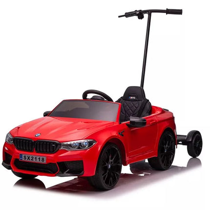 Automobiliukas su baterijomis BMW M5 su platforma tėvams, raudonas, lakuotas