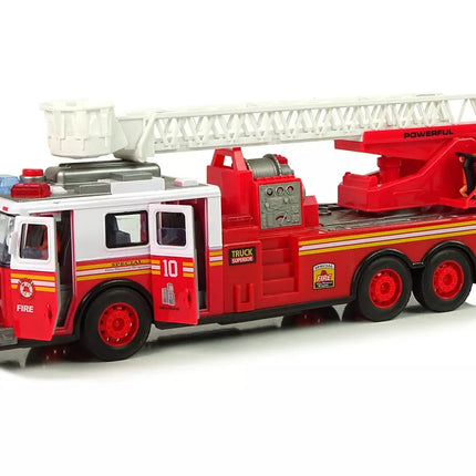 Gaisrinės brigados trinties variklis, šviesos, garsai, kopėčios atidaromos durys