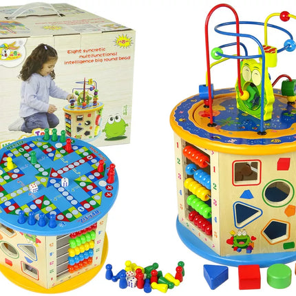 Edukacinis medinis kubelių rūšiuoklis, labirintas, abakas, Ludo figūrėlės žaidimas