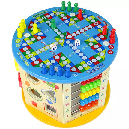Edukacinis medinis kubelių rūšiuoklis, labirintas, abakas, Ludo figūrėlės žaidimas