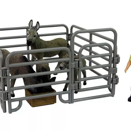 Keturių asilų ūkininko tvoros figūrėlių rinkinys pilkas