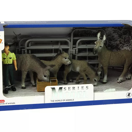 Keturių asilų ūkininko tvoros figūrėlių rinkinys pilkas