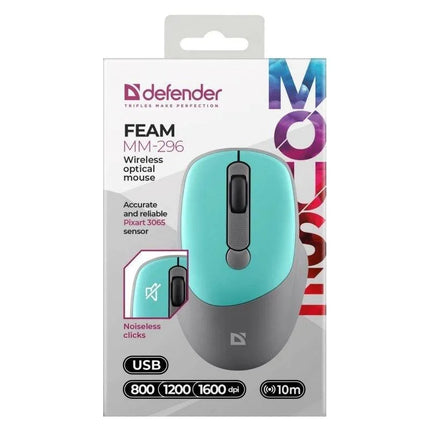 Belaidė kompiuterio pelė Defender MM-296 RF, tylaus paspaudimo, mėtinės spalvos 52294