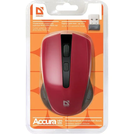 Belaidė pelė DEFENDER ACCURA MM-935 RF, raudona, optinė, 1600 DPI, 4 mygtukai, 52937