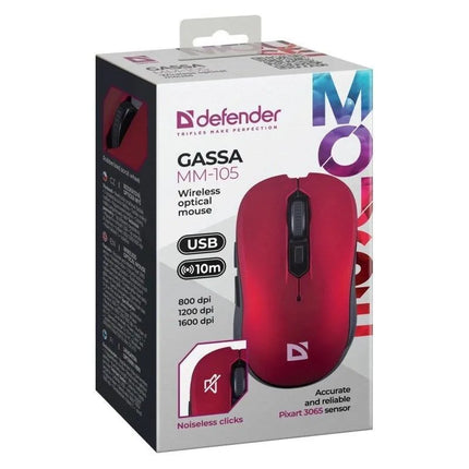 Belaidė pelė Defender Gassa MM-105, RF, tylūs klavišai, raudona, 52103