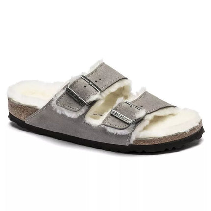 „Birkenstock Arizona Shearling Stone Coin“ moteriškos/vyriškos izoliuotos šlepetės, zomšas su avikailiu, siauros (1017403)