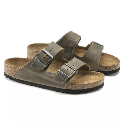 Birkenstock Arizona Soft Footbed Oiled Leather Siaurims Faded Khaki Šlepetės Siauriems Kojoms (1019377)