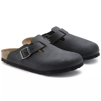Birkenstock Boston Black moteriškos/vyriškos klumpės, aliejuotos odos, siauros šlepetės (0059463)