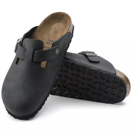 Birkenstock Boston Black moteriškos/vyriškos klumpės, aliejuotos odos, siauros šlepetės (0059463)