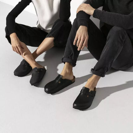 Birkenstock Boston Black moteriškos/vyriškos klumpės, aliejuotos odos, siauros šlepetės (0059463)
