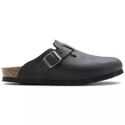 Birkenstock Boston Black moteriškos/vyriškos klumpės, aliejuotos odos, siauros šlepetės (0059463)