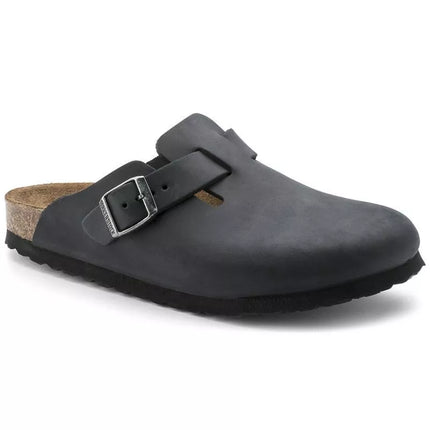 Birkenstock Boston Black moteriškos/vyriškos klumpės, aliejuotos odos, siauros šlepetės (0059463)