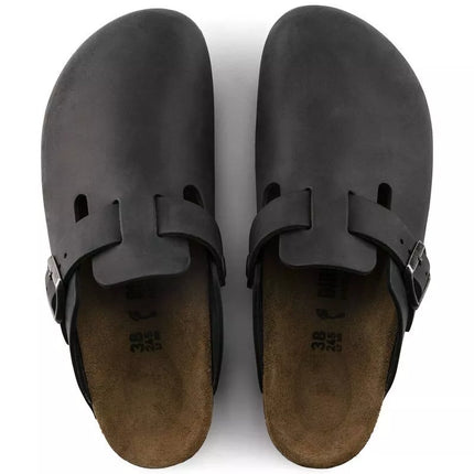 Birkenstock Boston Black moteriškos/vyriškos klumpės, aliejuotos odos, siauros šlepetės (0059463)