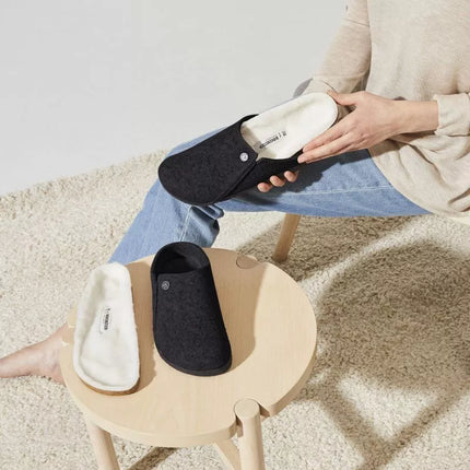 Birkenstock Zermatt Antracito spalvos vilnos veltinio šlepetės su pašiltinimu moterims/vyrams, įprasto pločio (1015090)