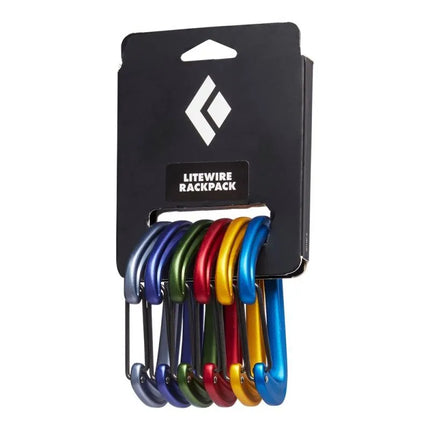 Black Diamond Litewire Rackpack užrakinami D formos karabinai, 6 vienetų pakuotė, mėlyna, žalia, raudona, geltona spalvos