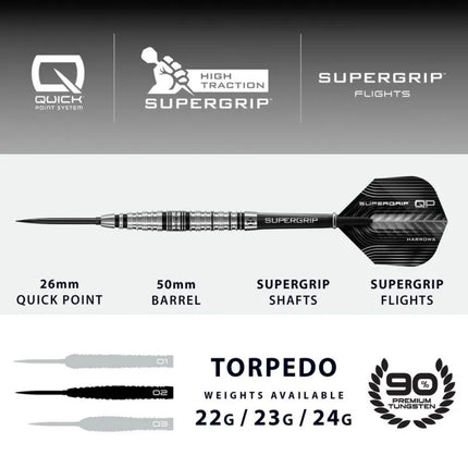 Harrows SUPERGRIP QP TORPEDO 90% plieninių antgalių smiginio strėlytės