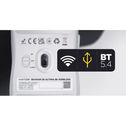 HATOR Quasar 3S Ultima 8K belaidė žaidimų pelė, dešiniarankiams, RF belaidė + „Bluetooth“ + USB Type-C, optinis jutiklis, 30000 DPI