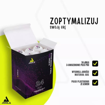 JOOLA PRO 3 ŽVAIGŽDUČIŲ STALO TENISO KAMUOLIUKAI 24 VNT. BALTI