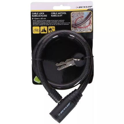 Juodas spiralinis dviračio užraktas su raktu 1,2x65cm DUNLOP