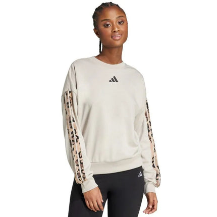 Moterims adidas French Terry džemperis su gyvūninio rašto 3 juostelėmis, kreminės spalvos, JM1836