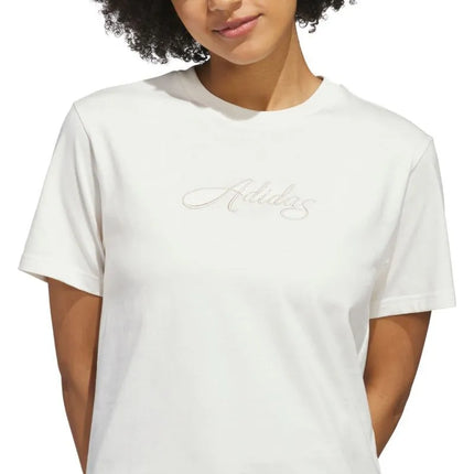 Moteriški marškinėliai adidas Cursive Wordmark Graphic, balti, KQ6404