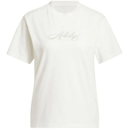 Moteriški marškinėliai adidas Cursive Wordmark Graphic, balti, KQ6404