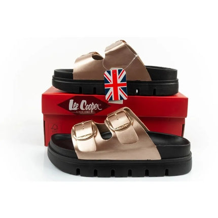 Moteriškos šlepetės Lee Cooper, auksinės, patogios, ant platformos, madingos