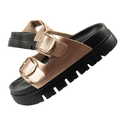 Moteriškos šlepetės Lee Cooper, auksinės, patogios, ant platformos, madingos