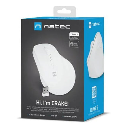 NATEC CRAKE 2 vertikali belaidė pelė, 2400 DPI, BT 5.2 + 2.4 GHz, balta