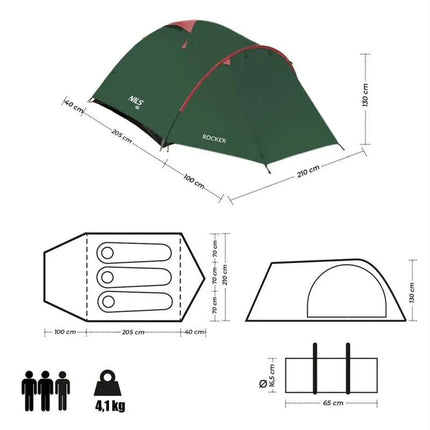 NILS CAMP Rocker NC6013 kempingo palapinė 3 asmenims, žalia ir raudona