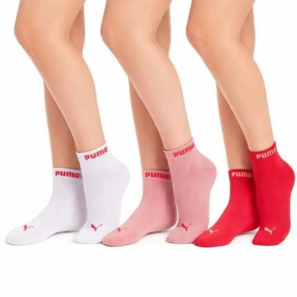 Puma moteriškos trumpos kojinės, 3 poros, medvilninės, rožinės/raudonos/baltos