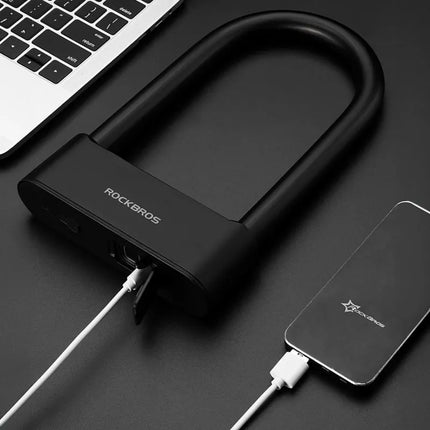 Rockbros 32210818001 išmanioji dviračio spyna su pirštų atspaudų skaitytuvu ir „Bluetooth“ ryšiu – juoda