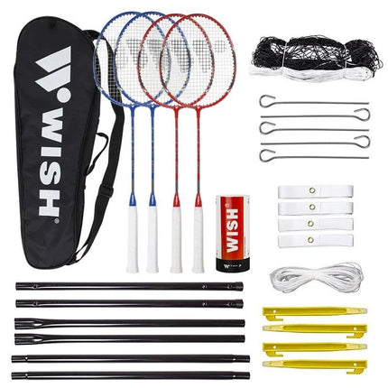 WISH ALUMTEC 5566 badmintono rinkinys: 4 raketės + 3 skrajutės + tinklas + žymėjimo linijos