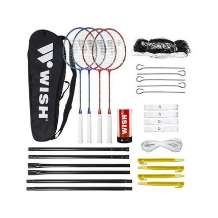 WISH ALUMTEC 5566 badmintono rinkinys: 4 raketės + 3 skrajutės + tinklas + žymėjimo linijos