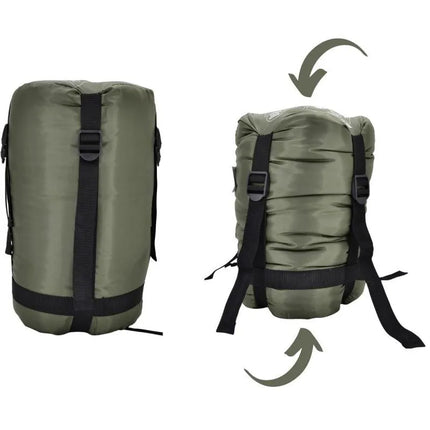 ŽALIOS IR PILKOS SPALVOS TURISTINIS MIEGMAIŠIS SU KOMPRESIJOS KREPŠIU 210X80X50CM ENERO CAMP