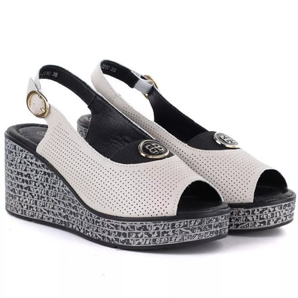 Women's leather wedge sandals with openwork beige S.Barski 7010