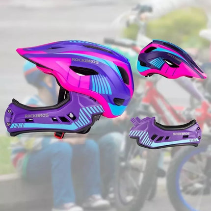 Rockbros TT-32SBPP-S vaikiškas dviračio šalmas su nuimama smakro apsauga, dydis S - violetinė-rožinė