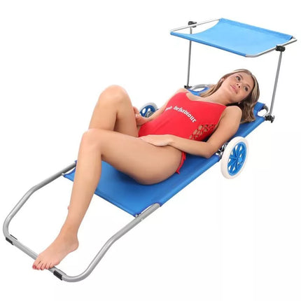 FOLDABLE BEACH CHAIR WITH CANOPY ON WHEELS 116x62x60-90CM BLUE
