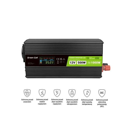 GREEN CELL LCD INVERTER 12V/230V 500W/1000W PURE SINE INVGC12P500LCD