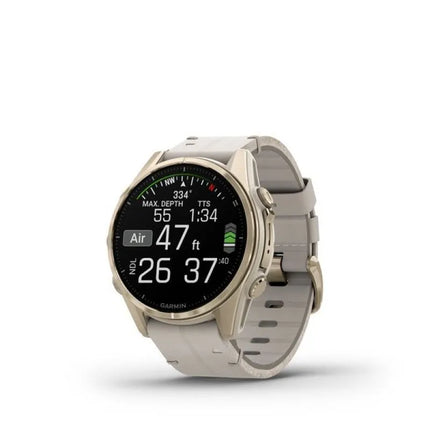 Garmin Fenix 8 43 mm AMOLED safyro ir titano „Soft Gold“ laikrodis su „Limestone“ odiniu dirželiu