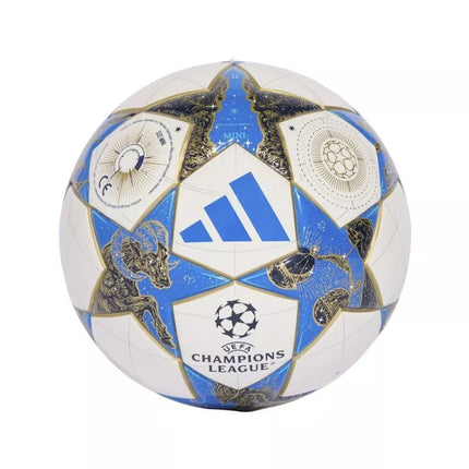 adidas UCL Mini 25/26 League Stage Futbolo kamuolys, baltas, mėlynas ir auksinis JP1544