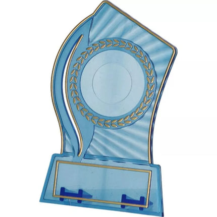 Plastikinis trofėjus - skaidrus - auksinis, su vieta 25/40mm lipdukui ir 56mmX18mm TM lentelės