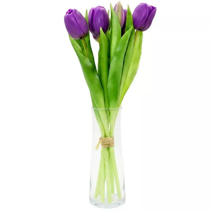 Puokštė iš 7 violetinių tulpių, 31 cm, natūraliai atrodanti pavasario dekoracija.