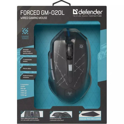 LAIDINĖ PELĖ DEFENDER FORCED GM-020L 800/1800/2400/3200 DPI 6 MYGTUKAI + PELĖS PAD + ŽAIDIMŲ KOMPLEKTAS 52020
