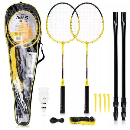 Badmintono rinkinys NILS NRZ262 aliuminio: 2 raketės, 3 plunksniniai kamuoliukai, tinklas 600x60cm, dėklas