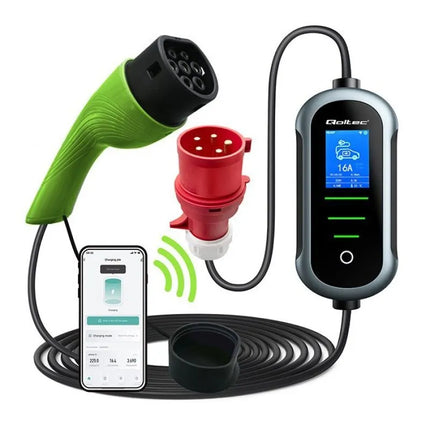 Qoltec mobilus elektromobilių įkroviklis su 2in1 reguliavimu Type2 | 11kW | 400V | Wi-fi | TUYA | SMART LIFE | LCD | Nešiojamas | Wallbox | 5m