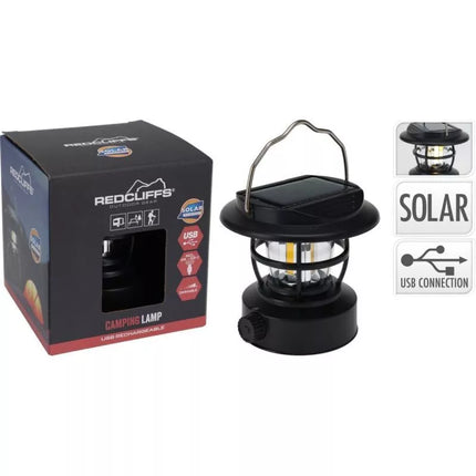 REDCLIFFS JUODAS KEMPINGO ŽIBINTAS SU USB ĮKROVIMU IR SAULĖS ENERGIJA