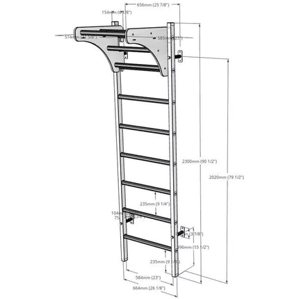 GYMNASTIC WOODEN AND METAL WALL BAR WITH 4 HANDLES WITH A WOODEN BAR BENCHK 211W